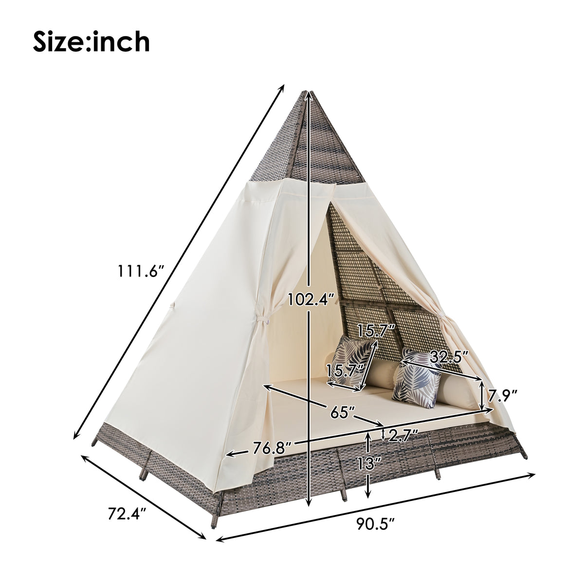 90.5" Length Outdoor Sunbed With Colorful Pillows, Wicker Patio Daybed With Cushions, Tent Shape, Brown And Beige Yes Beige Wicker
