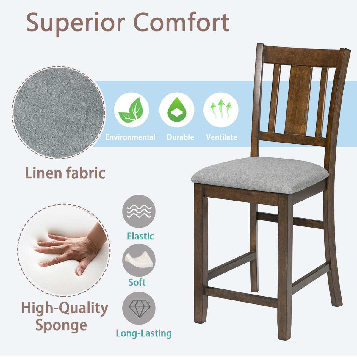 Dining Room Furniture Counter Height Chairs Set For 4, Kitchen Chair With Padded Seat, Walnut Wood Walnut Solid Back Seats 4 Dining Room Rubberwood Rubber Wood
