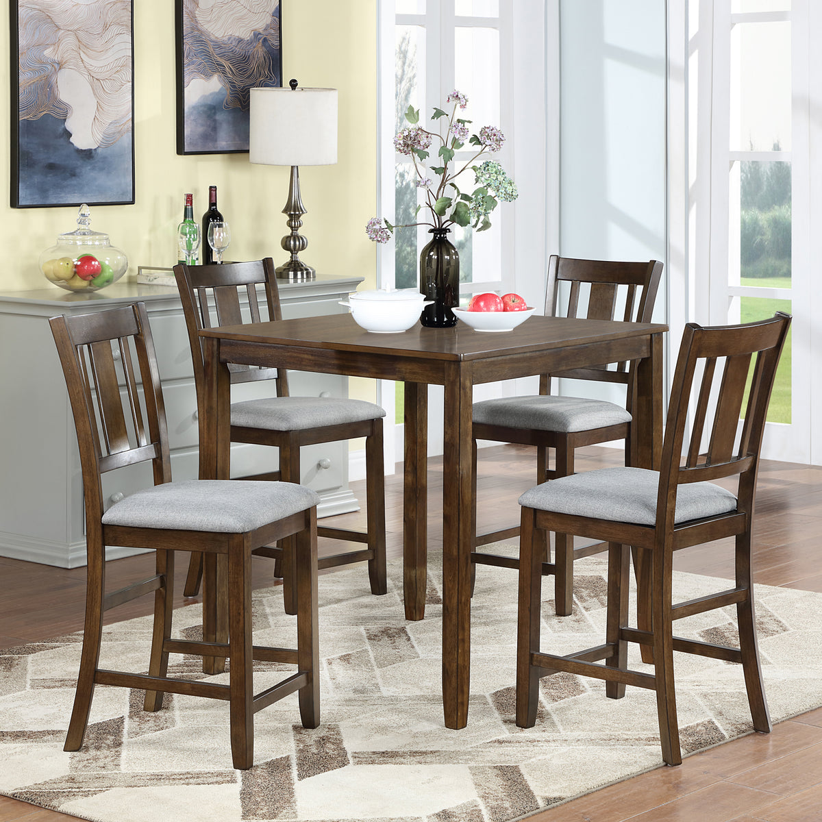 Dining Room Furniture Counter Height Chairs Set For 4, Kitchen Chair With Padded Seat, Walnut Wood Walnut Solid Back Seats 4 Dining Room Rubberwood Rubber Wood