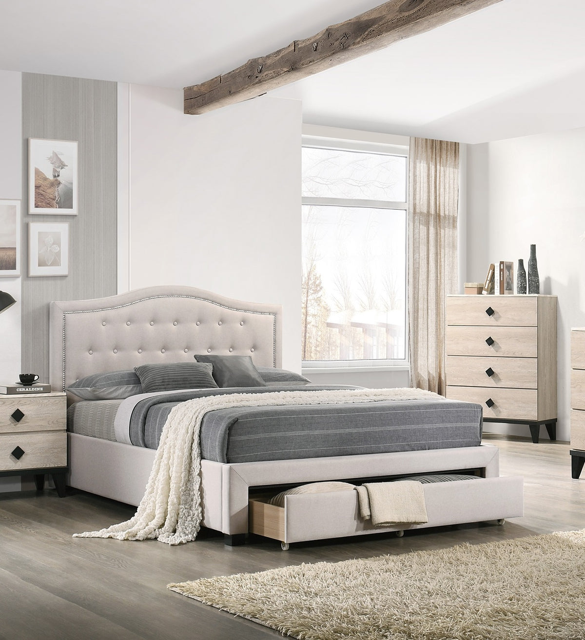 Light Brown Burlap Fabric 1Pcs Queen Size Bed W Drawer Button Tufted Arch Design Headboard Storage Fb Bedframe Bedroom Furniture Box Spring Not Required Queen Light Brown Wood Bedroom American Design,Contemporary,Modern,Transitional Bed Frame Burlap