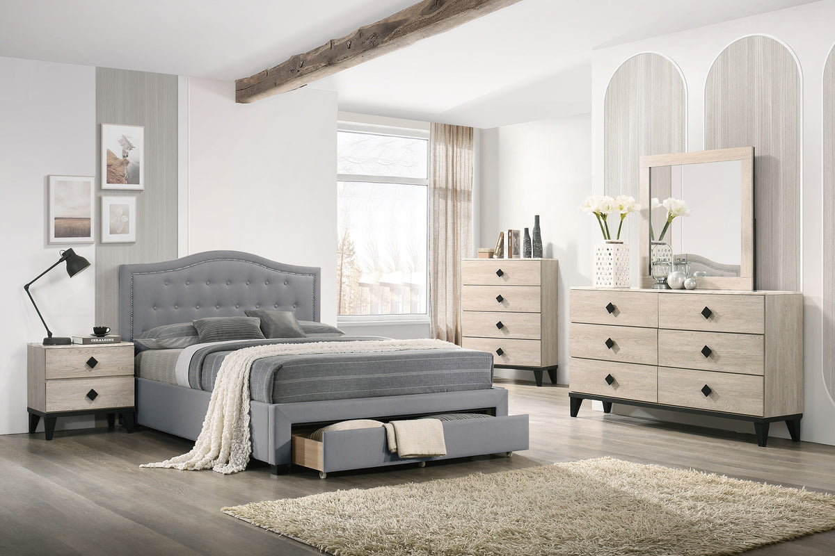 Light Grey Burlap Fabric 1Pcs Queen Size Bed W Drawer Button Tufted Arch Design Headboard Storage Fb Bedframe Bedroom Furniture Box Spring Not Required Queen Light Grey Wood Bedroom American Design,Contemporary,Modern,Transitional Bed Frame Burlap
