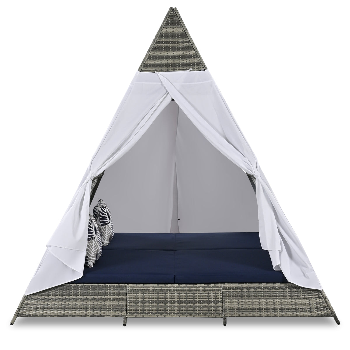 90.5" Length Outdoor Sunbed With Colorful Pillows, Wicker Patio Daybed With Cushions, Tent Shape, Gray And Blue Yes Blue Grey Wicker