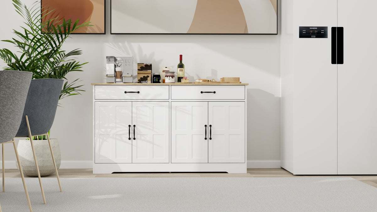 55.91" Large Farmhouse Buffet Cabinet Storage Sideboard With 2 Drawers And 4 Doors For Dining Living Room Kitchen Cupboard White White Mdf
