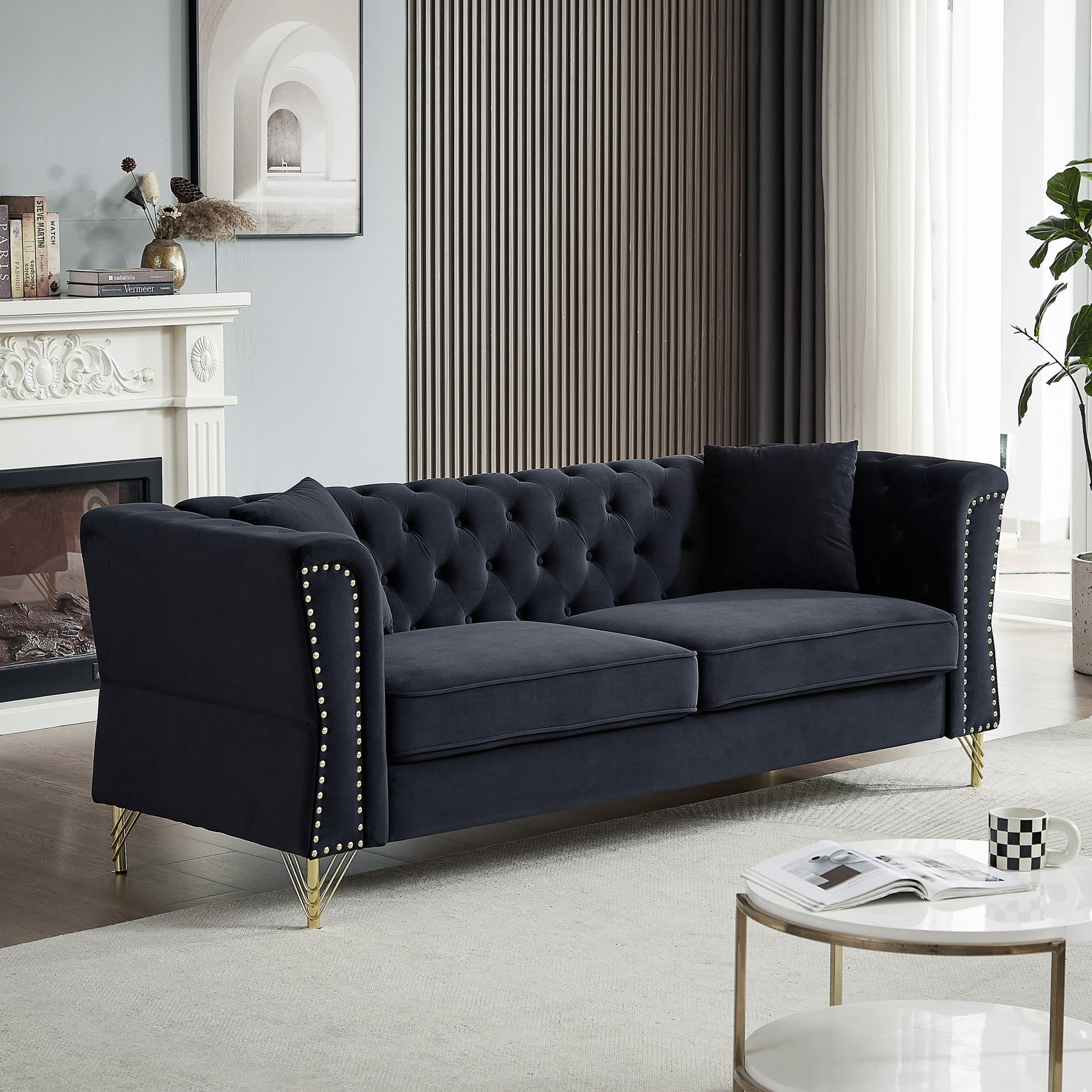 3 Seater 2 Seater Combination Sofa Tufted Couch With Rolled Arms And For Living Room, Bedroom, Office, Apartment, Four Pillows Black Foam Velvet