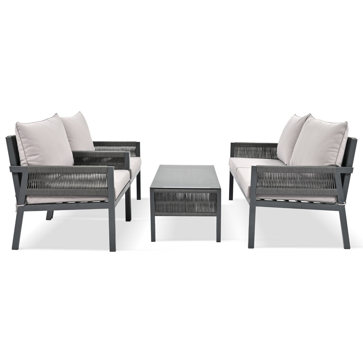 K&K 4 Piece Rope Patio Furniture Set, Outdoor Furniture With Tempered Glass Table, Patio Conversation Set Deep Seating With Thick Cushion For Backyard Porch Balcony Grey Yes Complete Patio Set Grey Weather Resistant Frame Fade Resistant Cushion Garden &