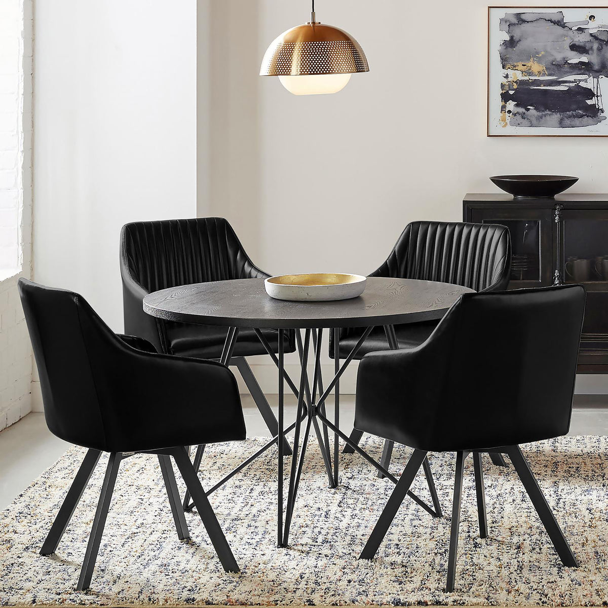 Black Channeled Sloped Arm Swivel Chair Black Dining Room Spot Clean Industrial Arm Chair Tufted Back Foam Upholstered