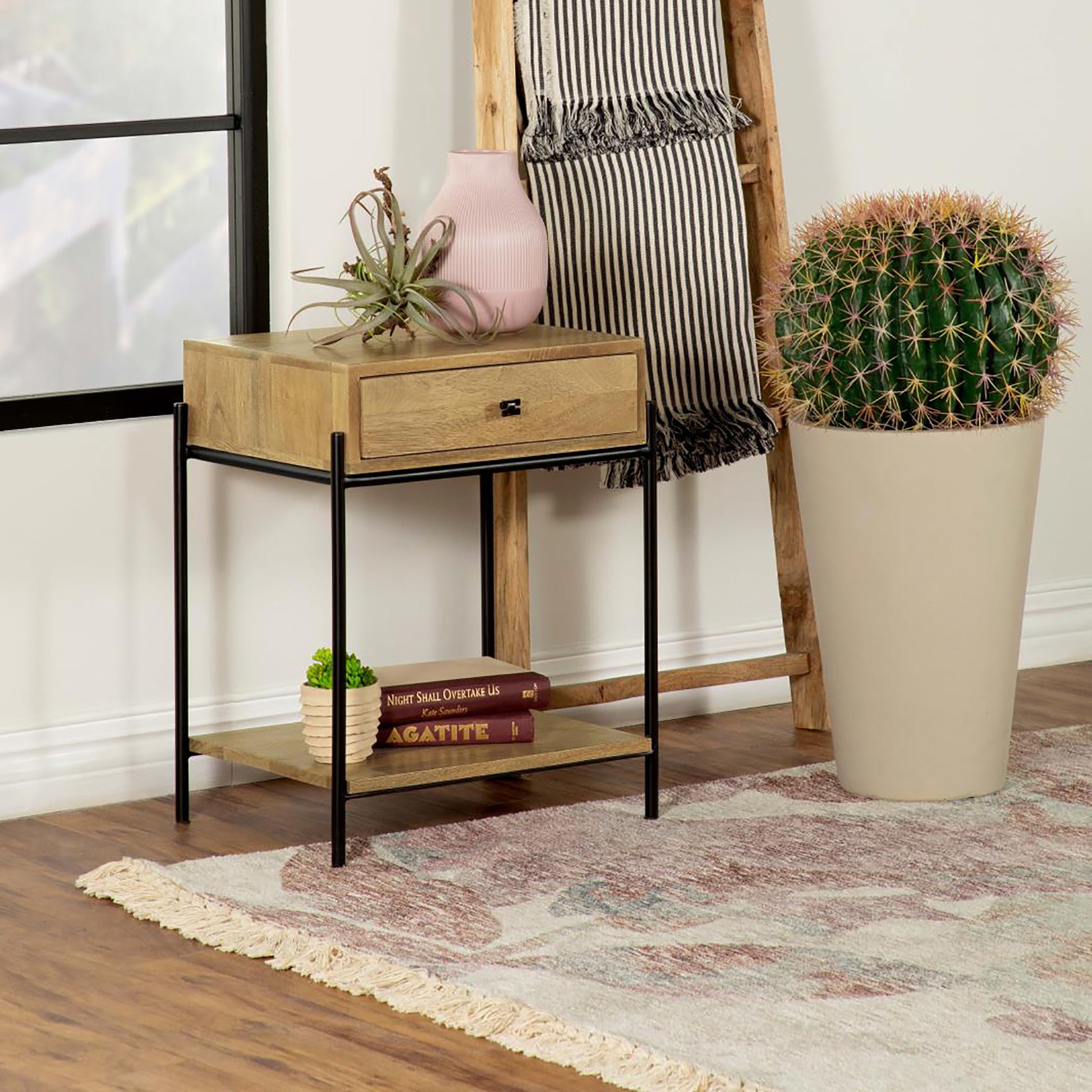 Natural Mango 1 Drawer Accent Table With Bottom Shelf Brown Primary Living Space Farmhouse,Rustic Mango Rectangular Drawers Coffee & End Tables Wood