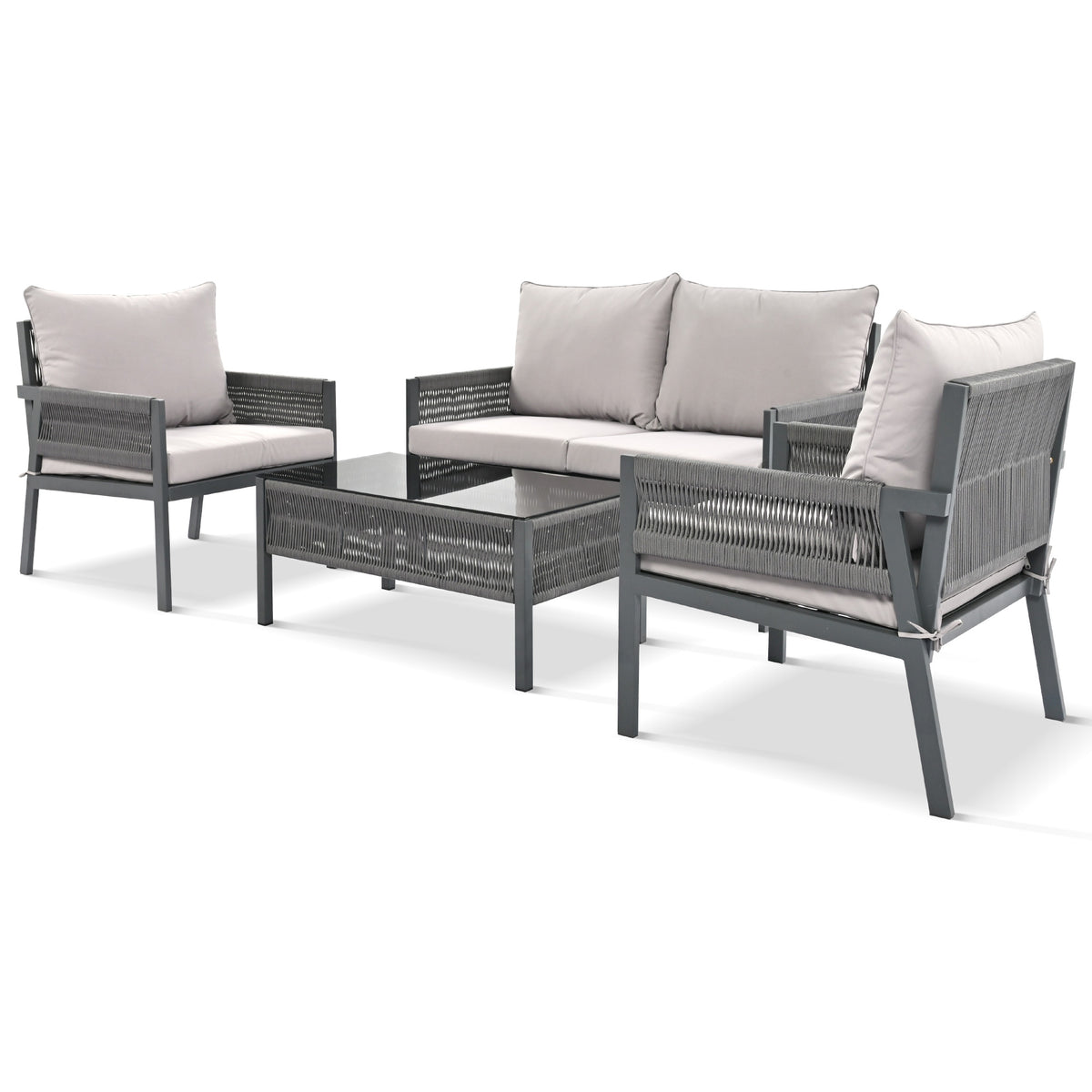 K&K 4 Piece Rope Patio Furniture Set, Outdoor Furniture With Tempered Glass Table, Patio Conversation Set Deep Seating With Thick Cushion For Backyard Porch Balcony Grey Yes Complete Patio Set Grey Weather Resistant Frame Fade Resistant Cushion Garden &