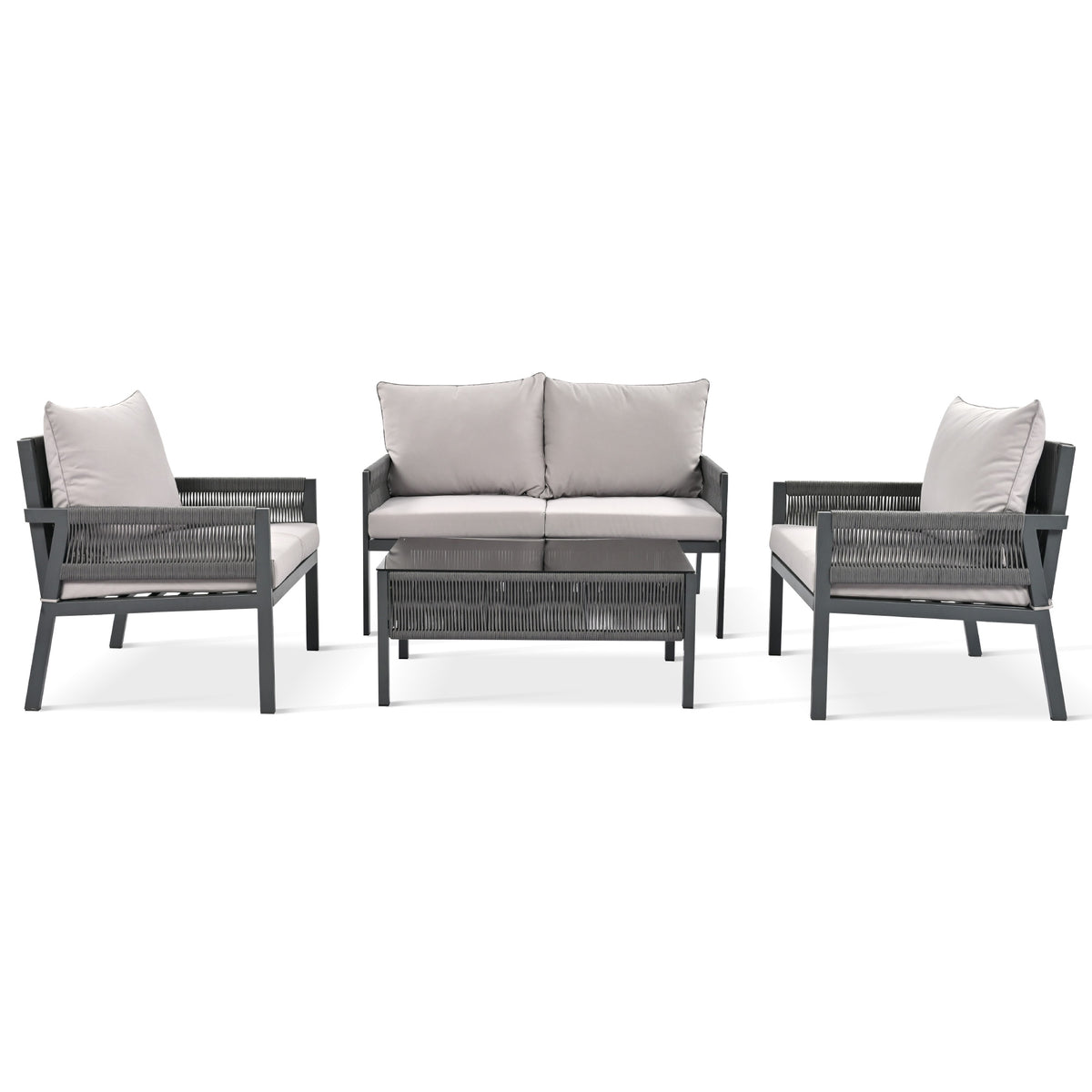 K&K 4 Piece Rope Patio Furniture Set, Outdoor Furniture With Tempered Glass Table, Patio Conversation Set Deep Seating With Thick Cushion For Backyard Porch Balcony Grey Yes Complete Patio Set Grey Weather Resistant Frame Fade Resistant Cushion Garden &