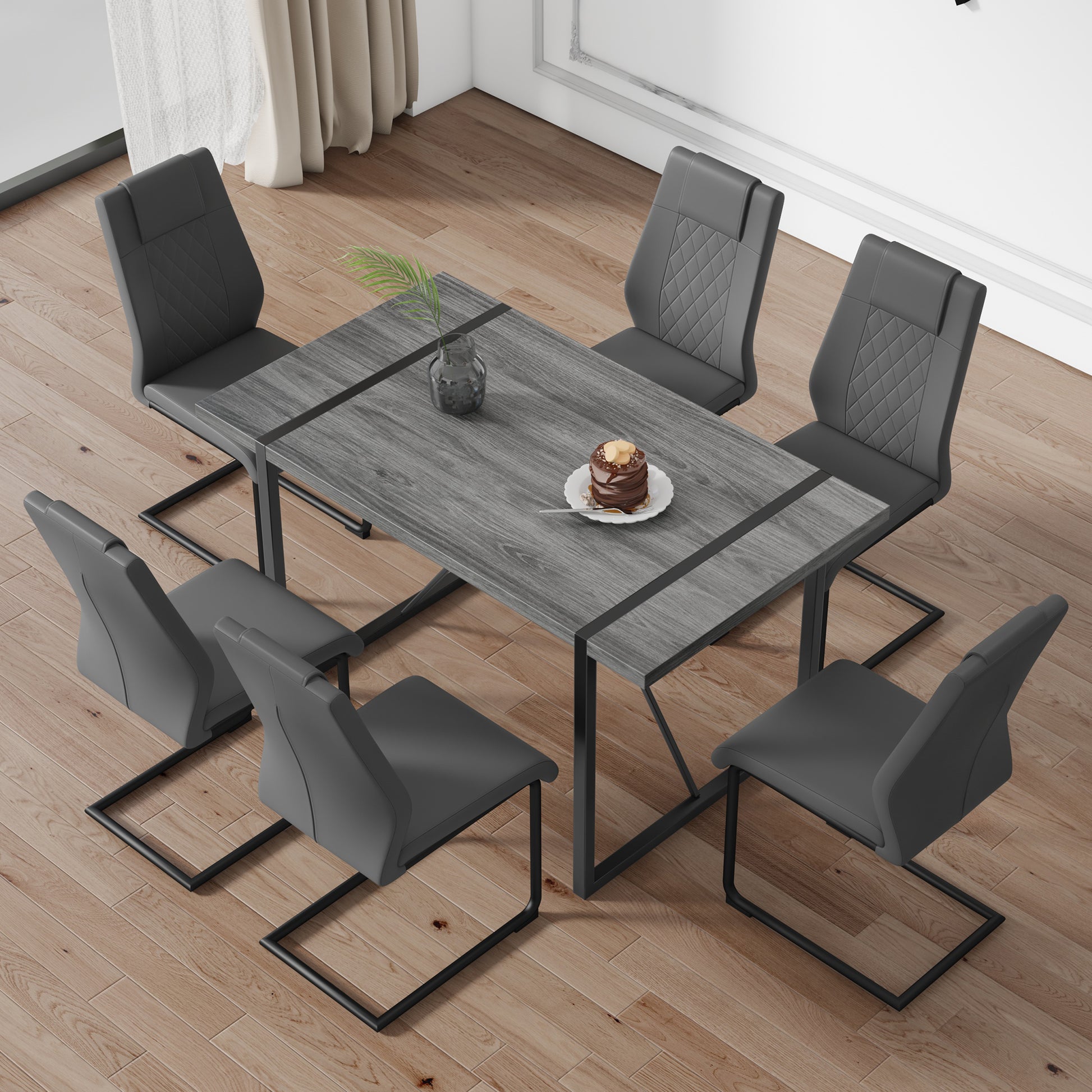 Industrial Rectangular Mdf Material Gray Dining Table With Texture, Equipped With A 1.57 Inch Thick Tabletop And Black Metal Legs, Used For Writing Desks, Kitchen Terraces, Dining Rooms 1529 Grey Mdf