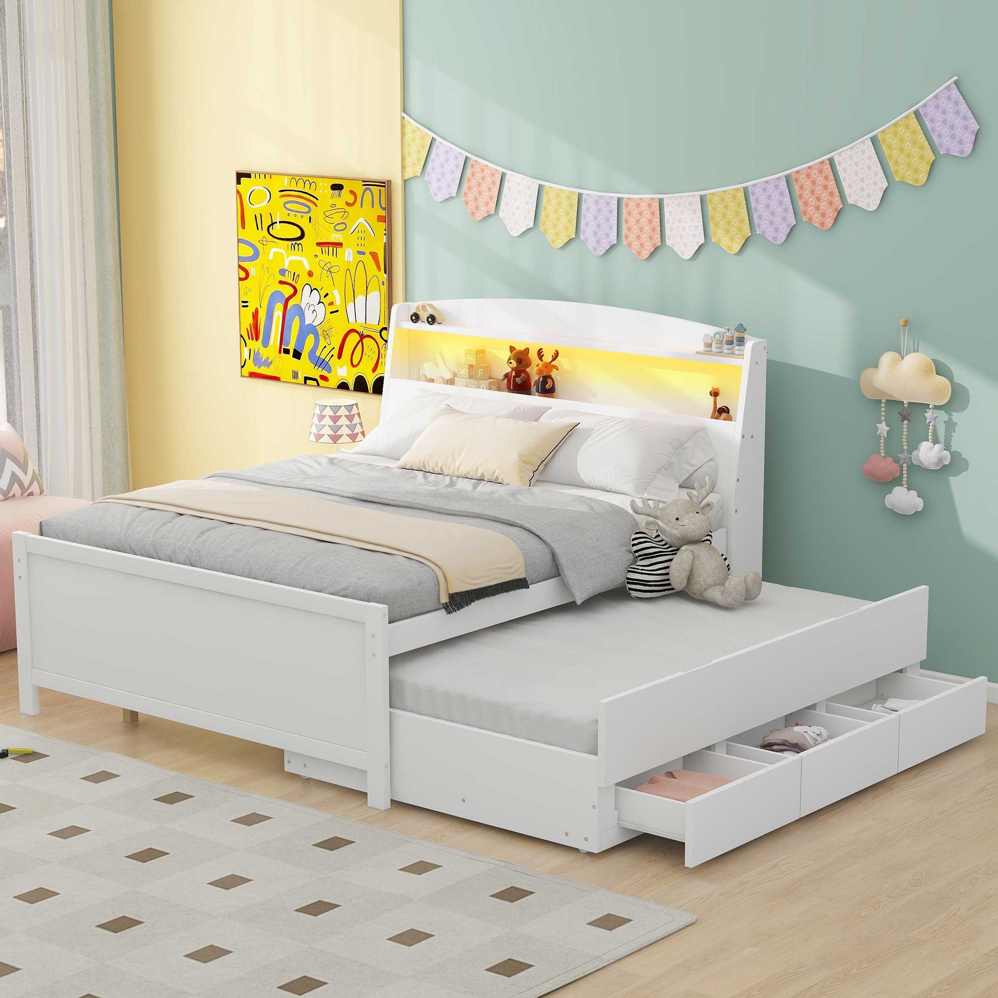 Full Size Platform Bed With Storage Led Headboard, Twin Size Trundle And 3 Drawers, White Box Spring Not Required Full White Bedroom Bed Frame Solid Wood Mdf