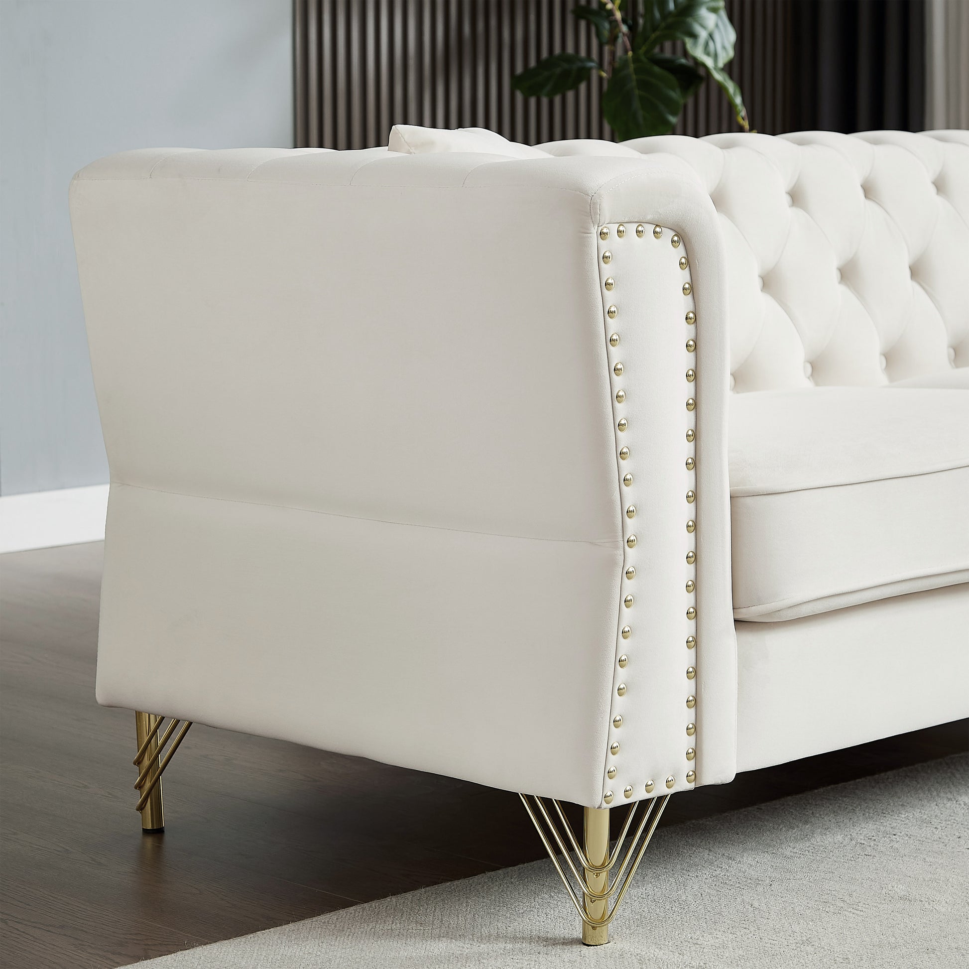3 Seater 3 Seater Combination Sofa Tufted Couch With Rolled Arms And For Living Room, Bedroom, Office, Apartment, Four Pillows Beige Foam Velvet