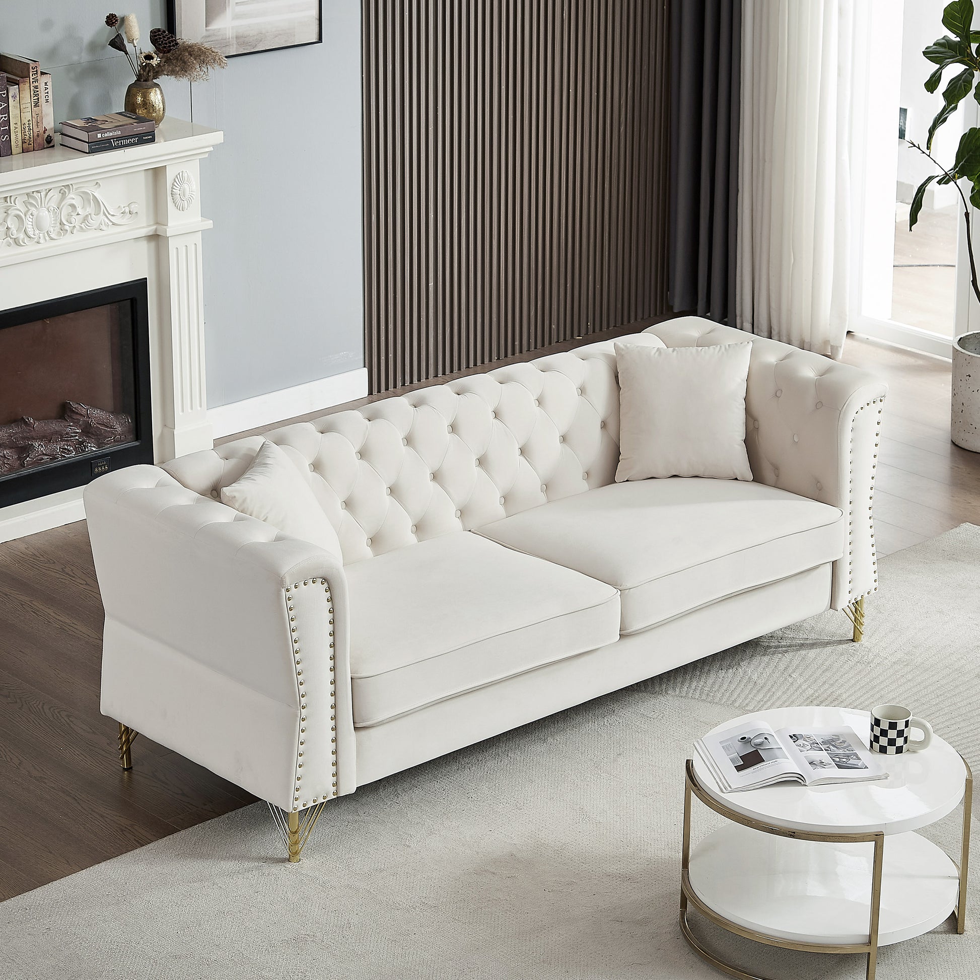3 Seater 3 Seater Combination Sofa Tufted Couch With Rolled Arms And For Living Room, Bedroom, Office, Apartment, Four Pillows Beige Foam Velvet