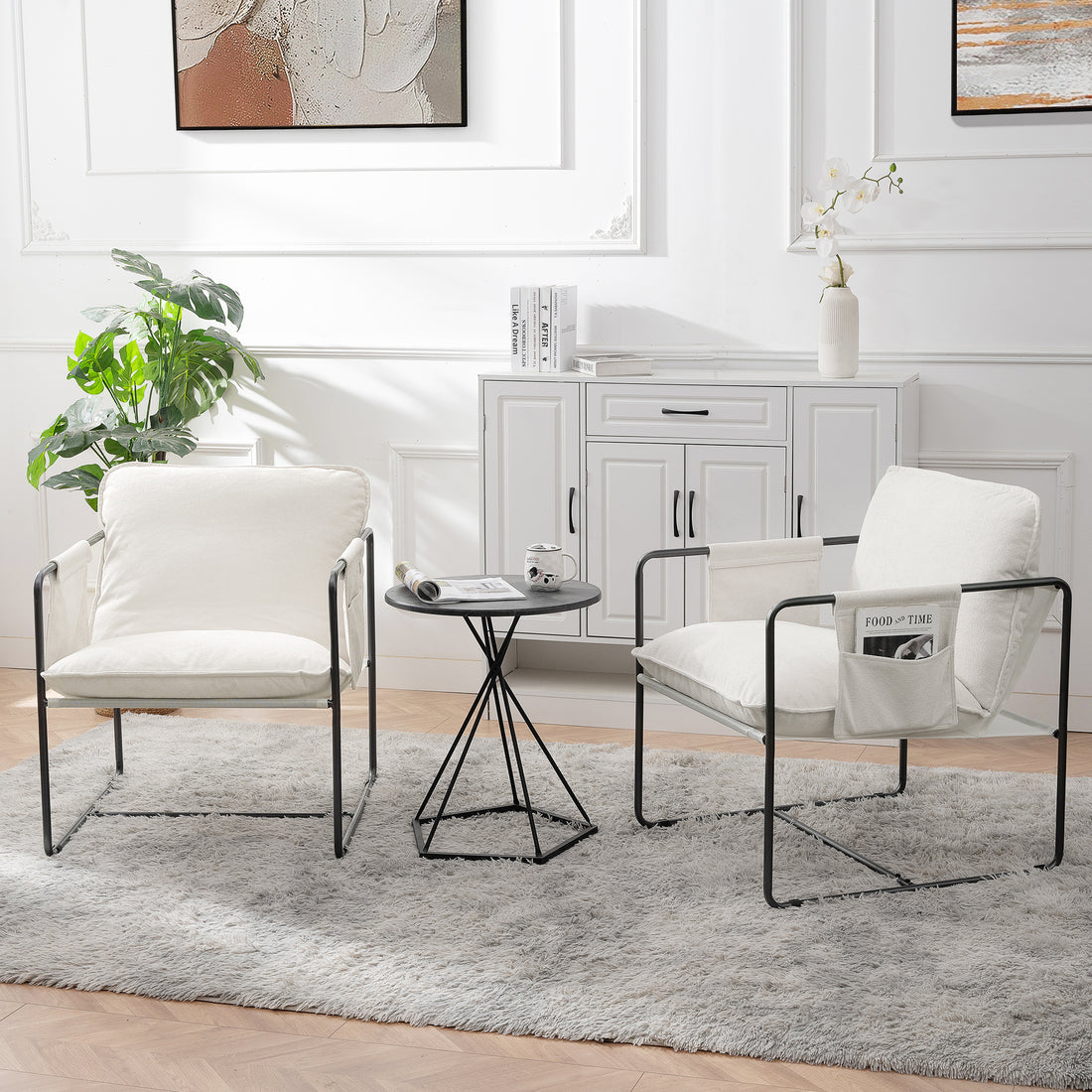 2 Sets 1 Case, Upholstered Hanging Armchair With Arm Pocket Metal Frame, Crushed Foamcushions And Skin Friendly Braid For Living Room And Bedroom. White Color White Foam Polyester