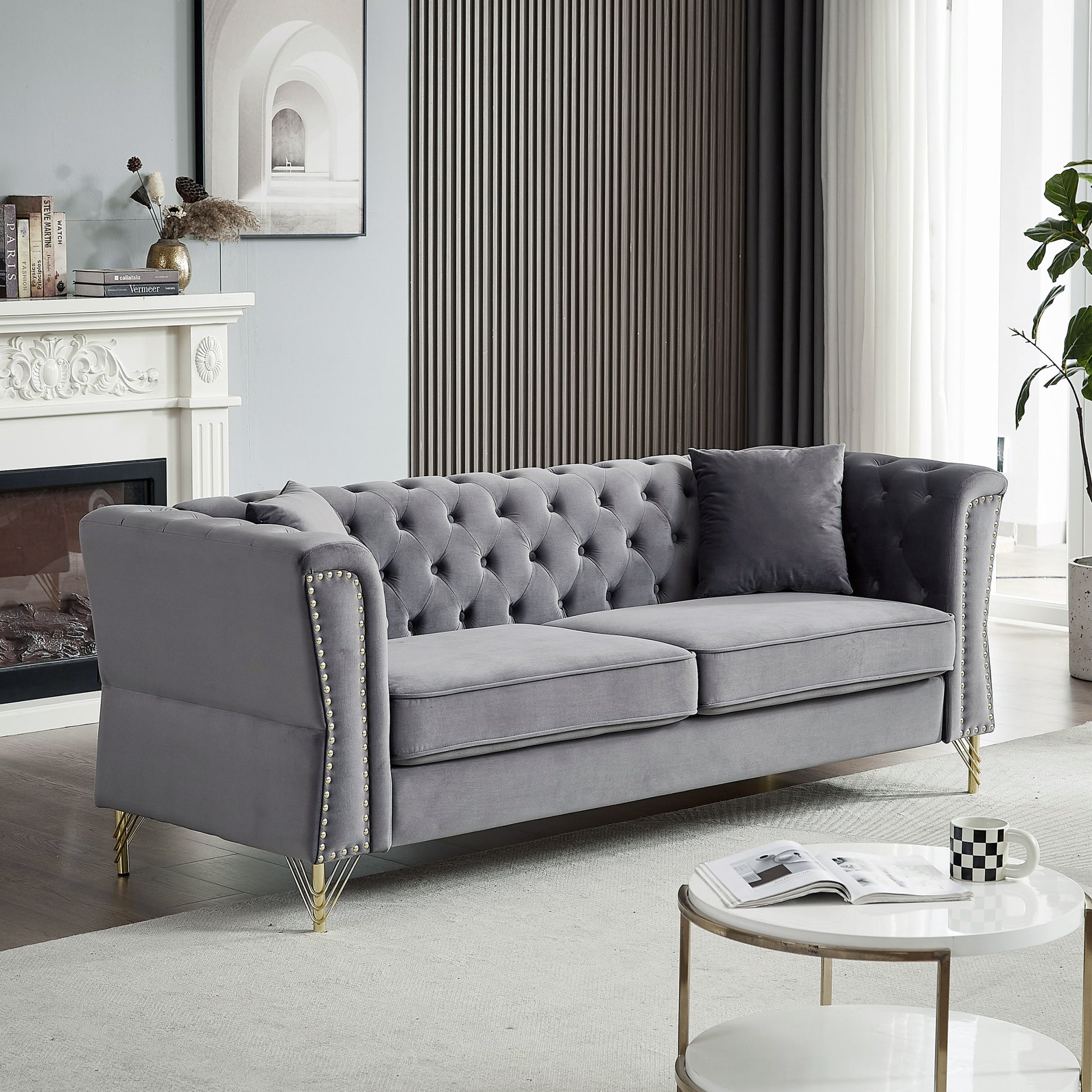 3 Seater 2 Seater Combination Sofa Tufted Couch With Rolled Arms And For Living Room, Bedroom, Office, Apartment, Four Pillows Grey Foam Velvet