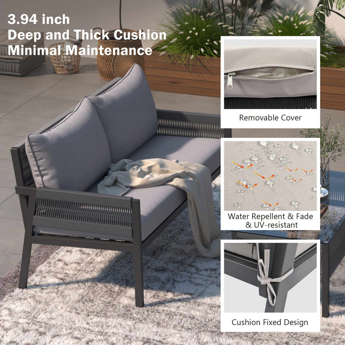 K&K 4 Piece Rope Patio Furniture Set, Outdoor Furniture With Tempered Glass Table, Patio Conversation Set Deep Seating With Thick Cushion For Backyard Porch Balcony Grey Yes Complete Patio Set Grey Weather Resistant Frame Fade Resistant Cushion Garden &