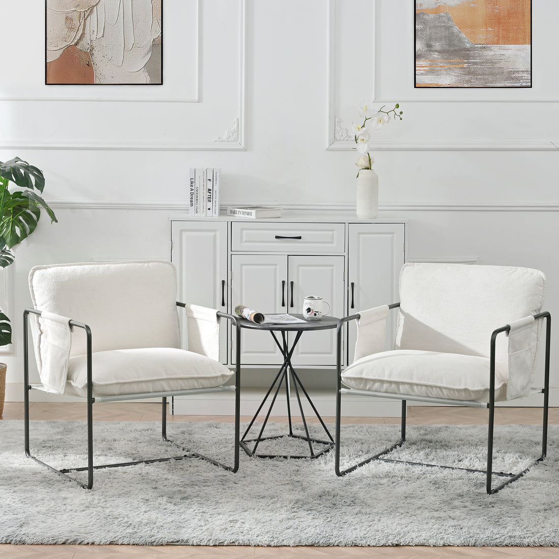 2 Sets 1 Case, Upholstered Hanging Armchair With Arm Pocket Metal Frame, Crushed Foamcushions And Skin Friendly Braid For Living Room And Bedroom. White Color White Foam Polyester