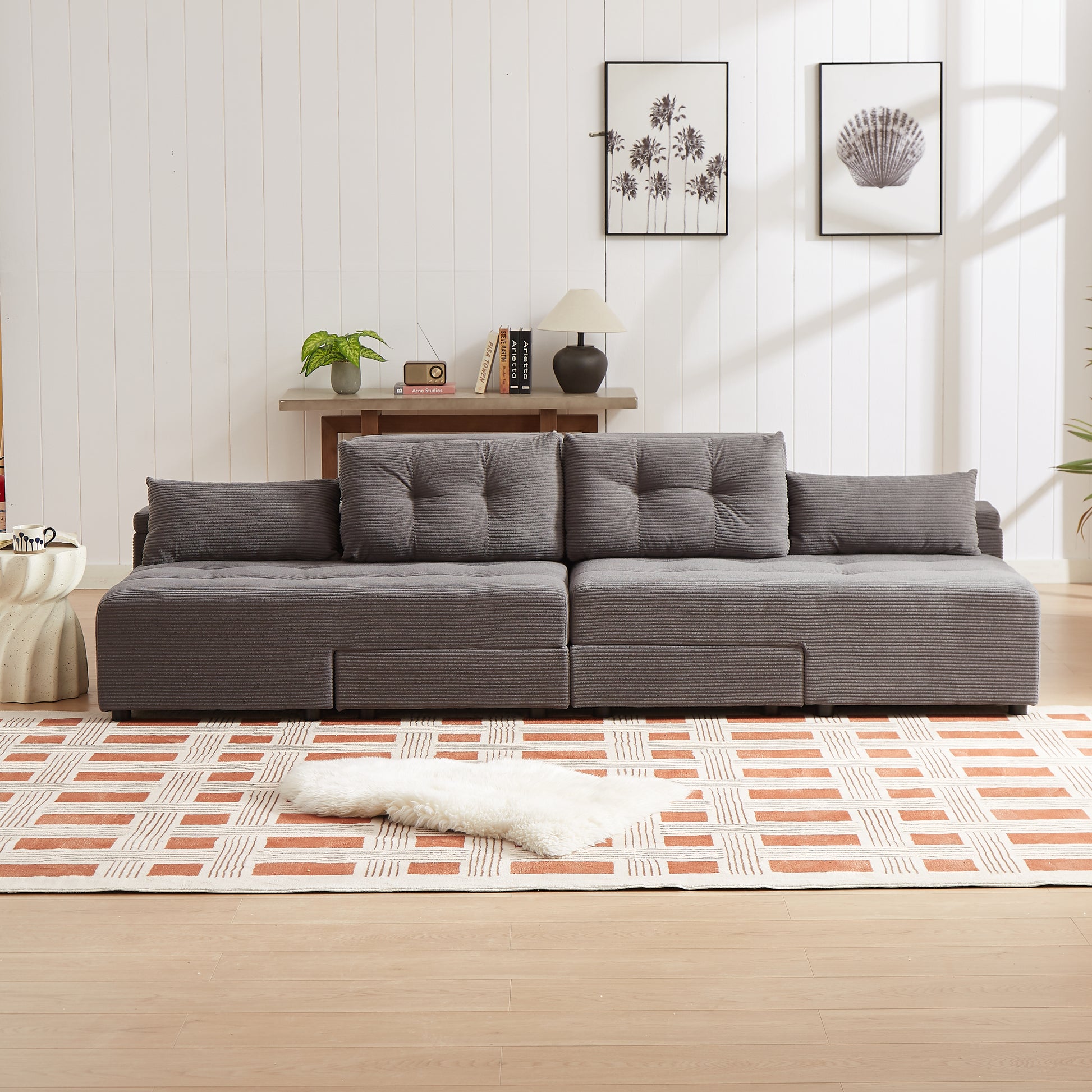 Convertible 3 In 1 Sleeper Sofa And Sectional Sofa With 4 Storage Space For Living Room,Corduroy Couch With 4 Pillows,Corduroy Grey Corduroy 3 Seat