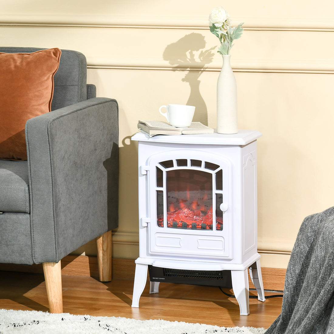 Homcom 22" Free Standing Electric Fireplace Stove, Fire Place Heater With Realistic Flame Effect, Overheat Safety Protection, 750W 1500W, White White Abs