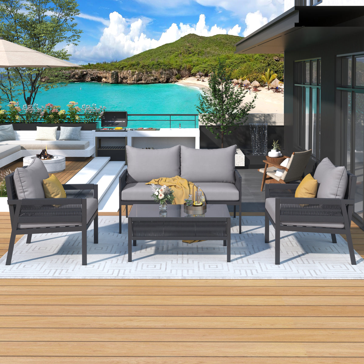K&K 4 Piece Rope Patio Furniture Set, Outdoor Furniture With Tempered Glass Table, Patio Conversation Set Deep Seating With Thick Cushion For Backyard Porch Balcony Grey Yes Complete Patio Set Grey Weather Resistant Frame Fade Resistant Cushion Garden &