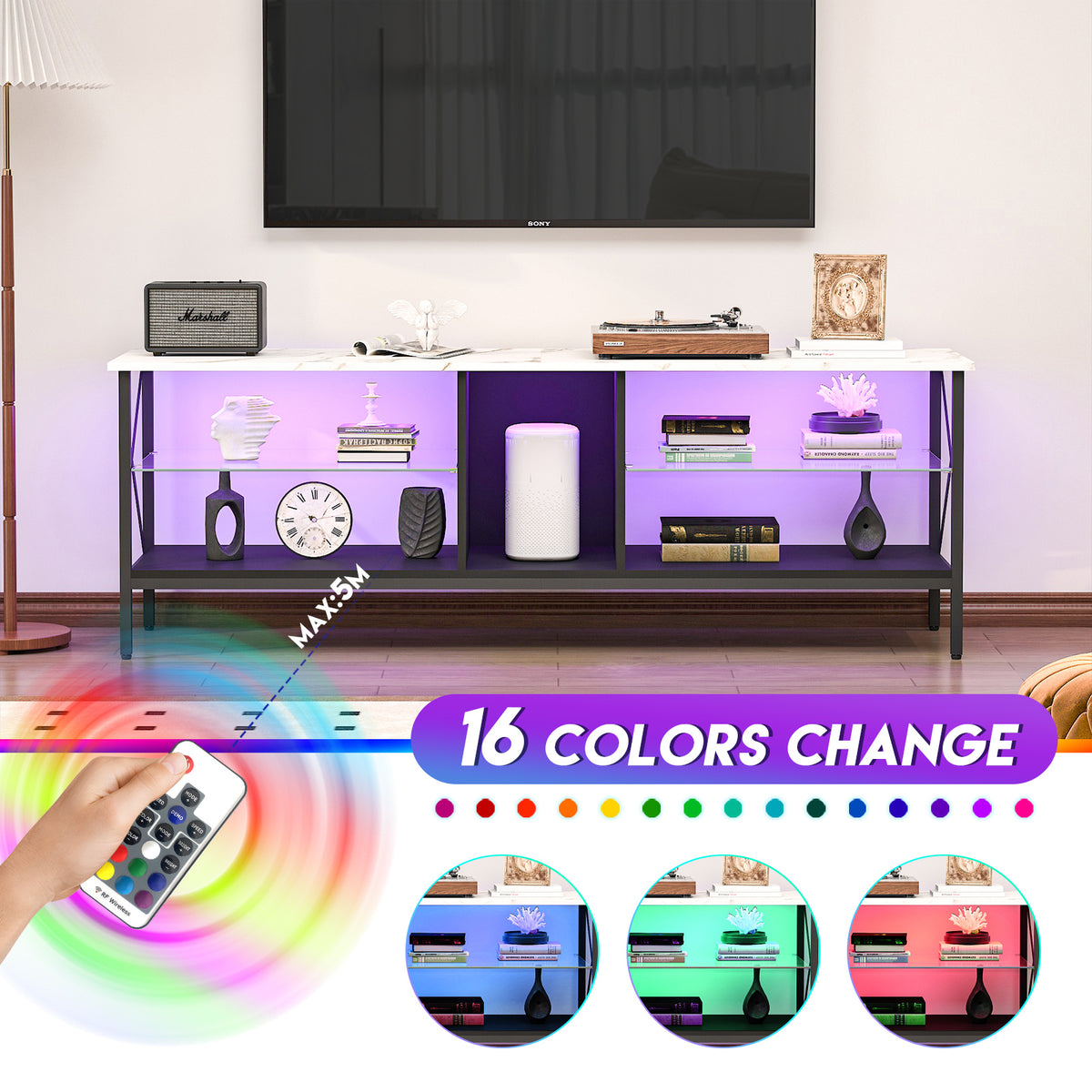 Tv Stand,Iron Tv Cabinet,Entertainment Center, Tv Set, Media Console, With Led Lights, Remote Control,Toughened Glass Stand,Can Be Placed In The Living Room, Bedroom, Color:White With Marble Texture White Primary Living Space 60 69 Inches 60 69 Inches 65