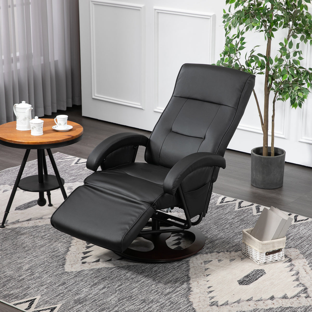 Homcom Pu Recliner With Footrest, Lounge Chair With 135 Adjustable Backrest, Swivel Wood Base, Padded Seat & Armrests For Living Room, Black Black Pu