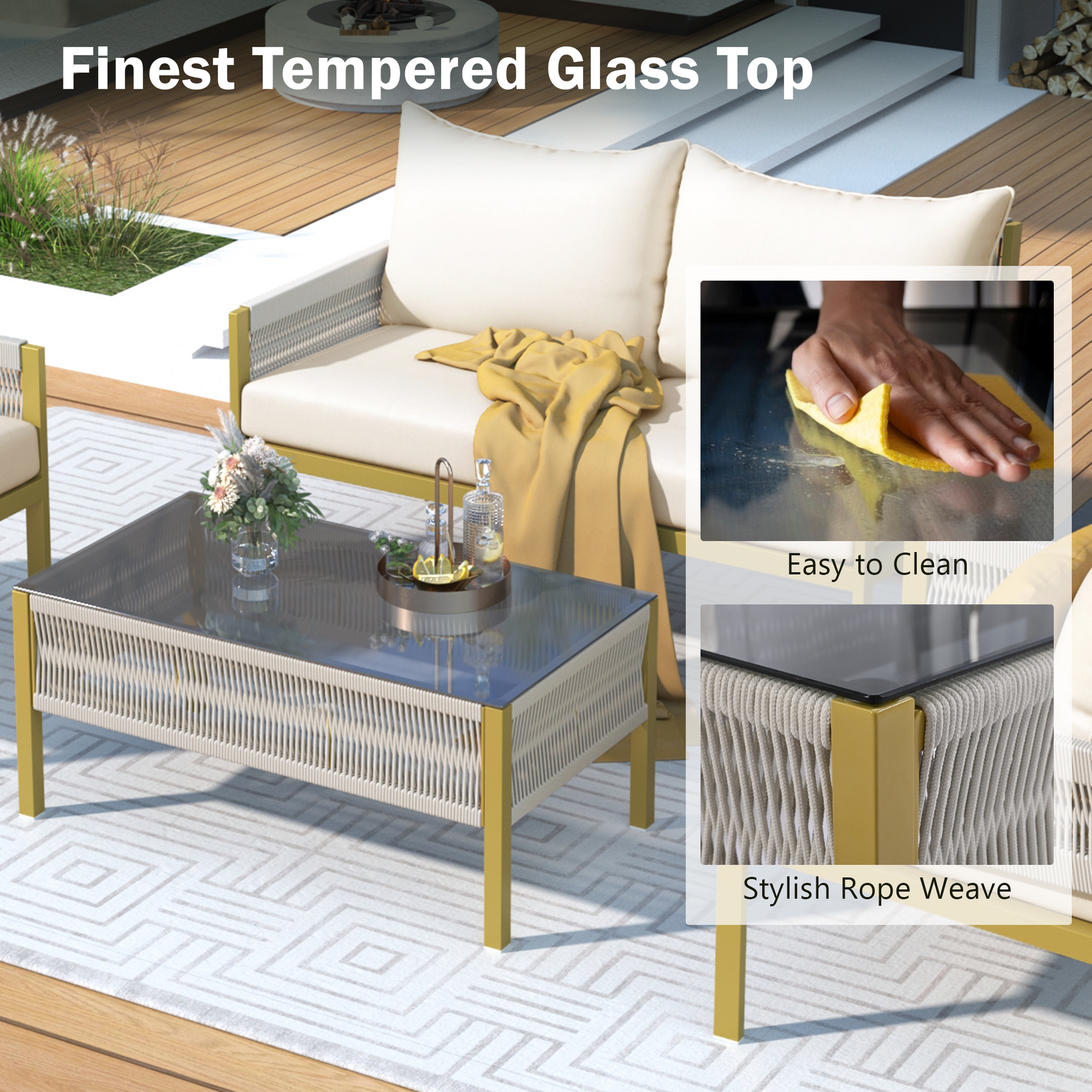 K&K 4 Piece Rope Patio Furniture Set, Outdoor Furniture With Tempered Glass Table, Patio Conversation Set Deep Seating With Thick Cushion For Backyard Porch Balcony Beige&Mustard Yellow Yes Complete Patio Set Beige Yellow Weather Resistant Frame Fade