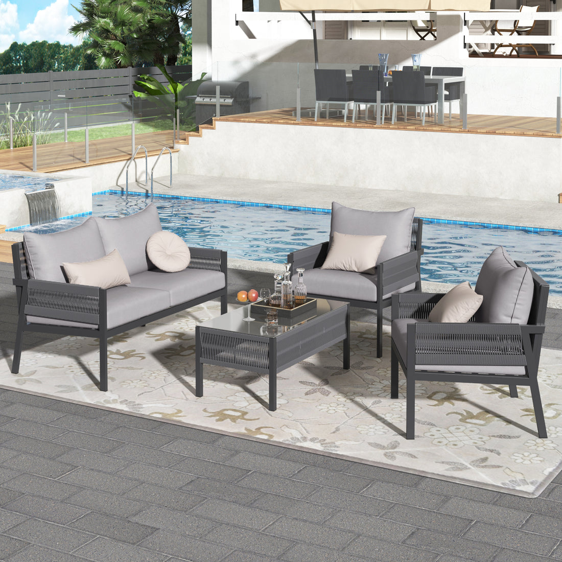 K&K 4 Piece Rope Patio Furniture Set, Outdoor Furniture With Tempered Glass Table, Patio Conversation Set Deep Seating With Thick Cushion For Backyard Porch Balcony Grey Yes Complete Patio Set Grey Weather Resistant Frame Fade Resistant Cushion Garden &