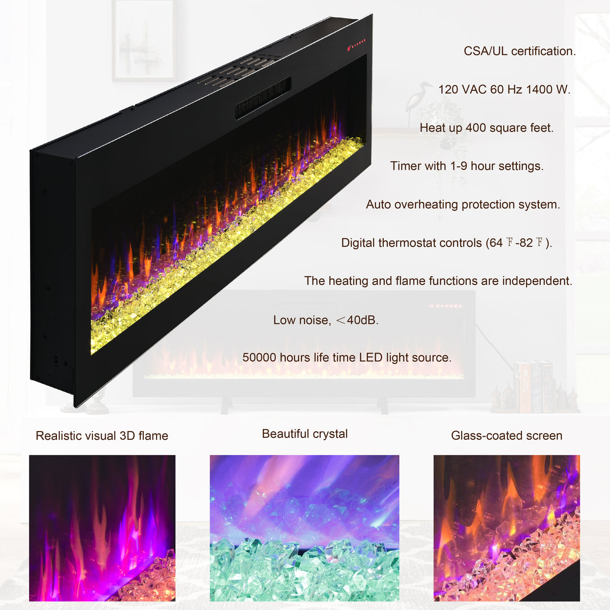 60 Inch Electric Fireplace, Recessed And Wall Mounted Fireplace Powder Coated Electric Antique Black Vent Free Yes Tempered Glass Sheet Metal Plastic Electric