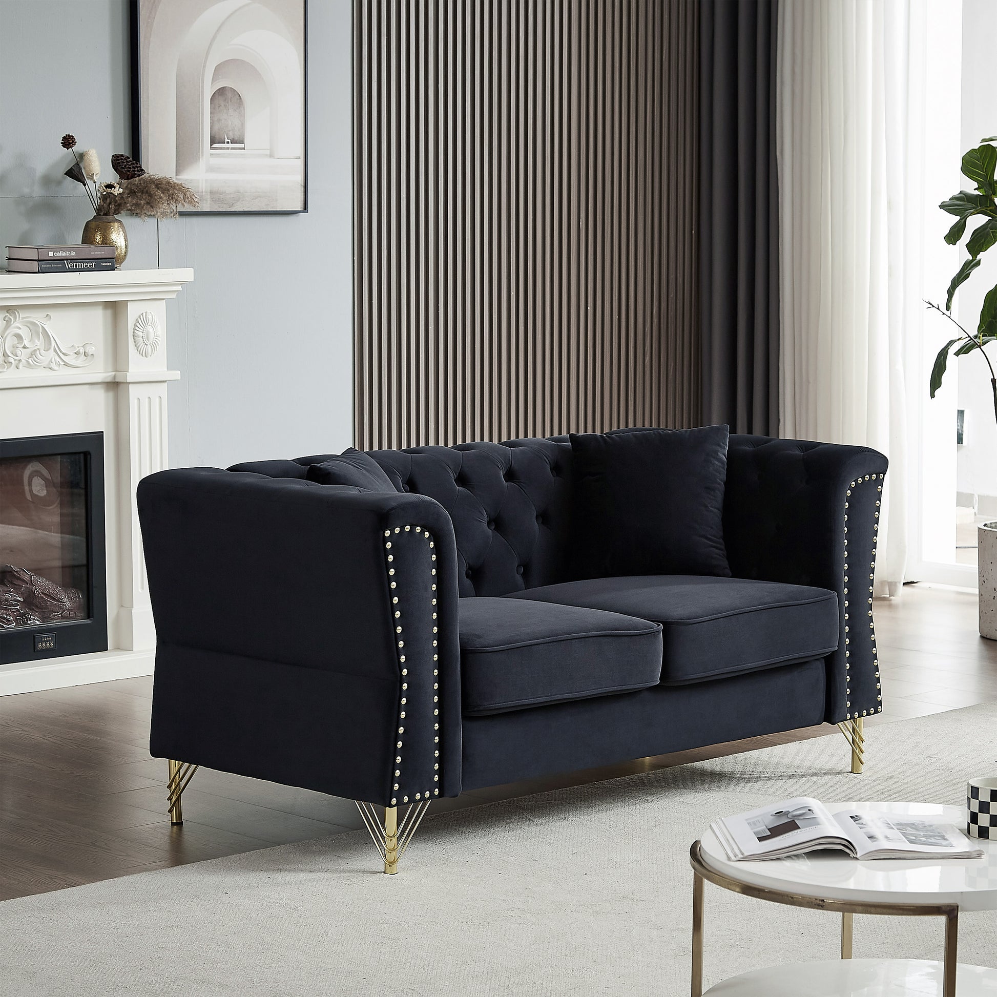 3 Seater 3 Seater Combination Sofa Tufted Couch With Rolled Arms And For Living Room, Bedroom, Office, Apartment, Four Pillows Black Foam Velvet
