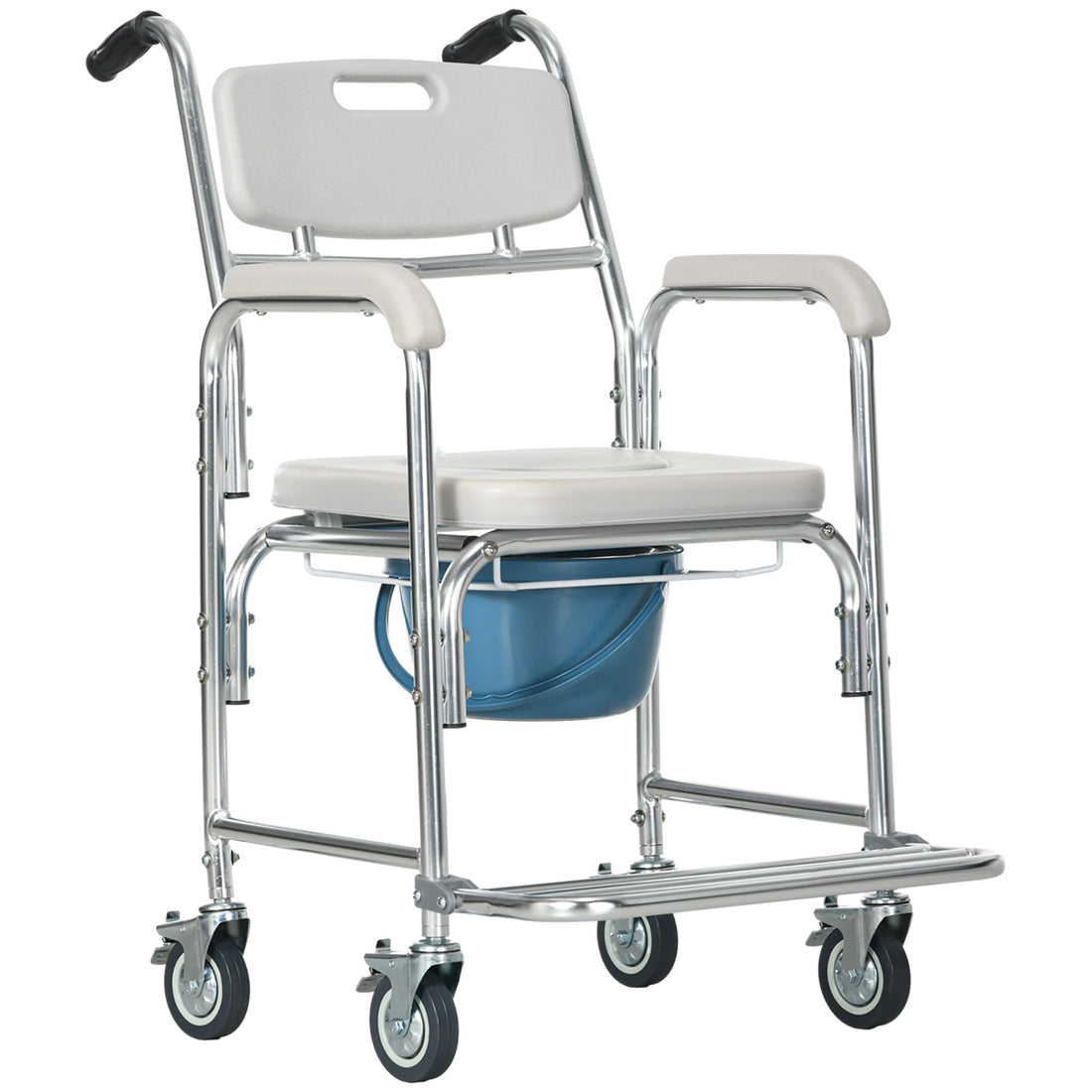 Homcom 3 In 1 Shower Commode Wheelchair, Transport Beside Commode Chair, Waterproof Rolling Over Toilet Chair 330 Lbs. Weight Capacity With Padded Seat, Gray Gray Aluminum