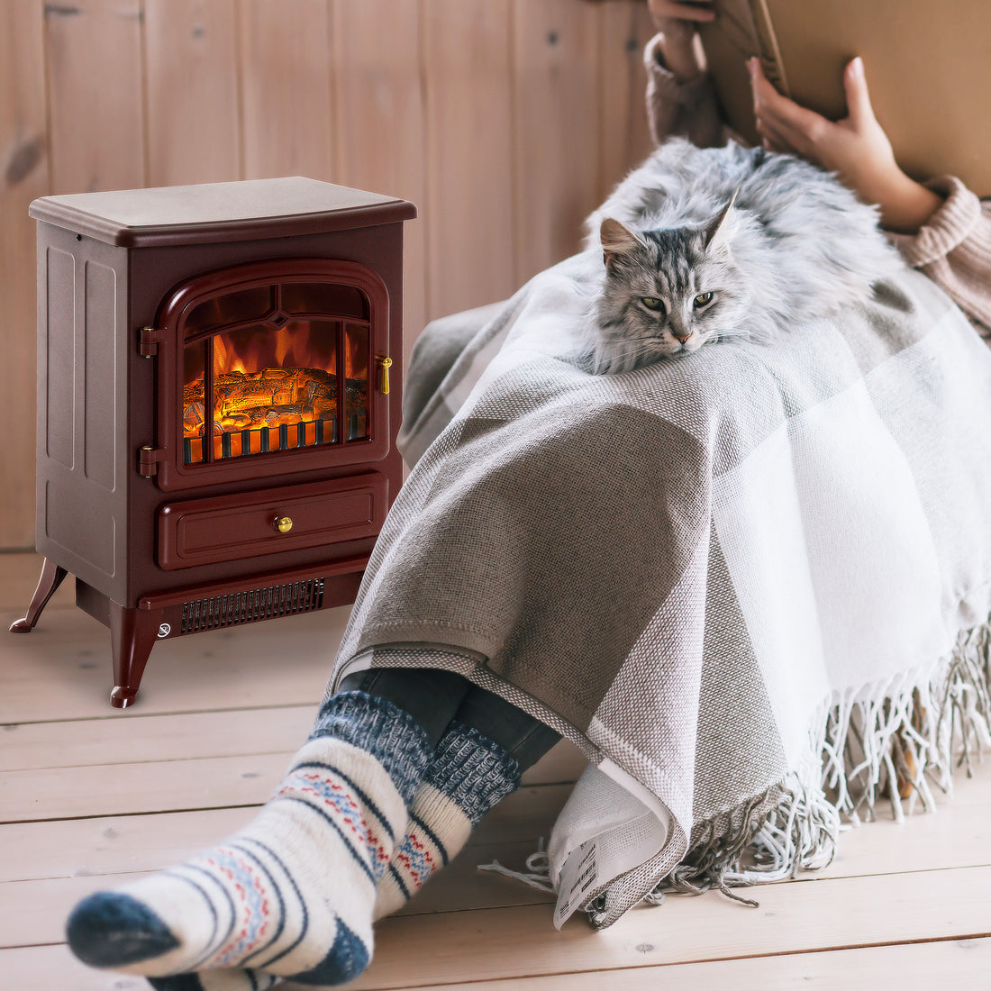 Homcom 22" Electric Fireplace Heater, Freestanding Fire Place Stove With Realistic Led Flames And Logs, And Overheating Protection, 750W 1500W, Red Red Tempered Glass