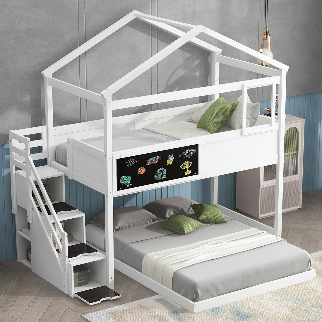 Twin Over Full House Bunk Bed With Storage Staircase And Blackboard,White Old Sku: Gx001701Aak Box Spring Not Required White Wood Bedroom Bunk Pine