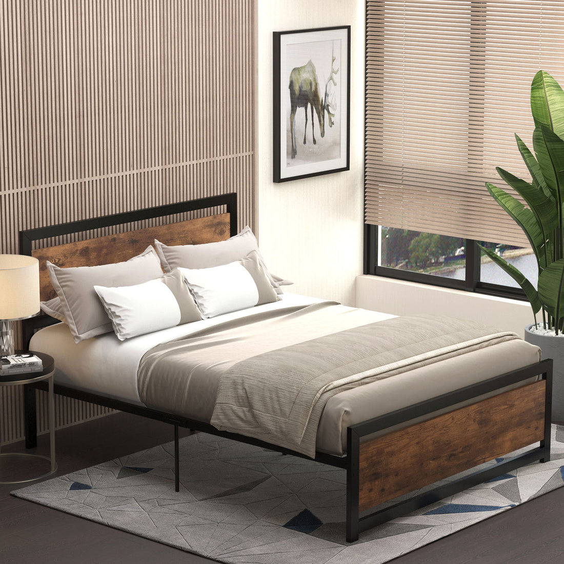 Homcom Full Bed Frame With Headboard & Footboard, Strong Metal Slat Support Bed Frame W Underbed Storage Space, No Box Spring Needed, 56.75''X76.75''X40.5'' Black Mdf