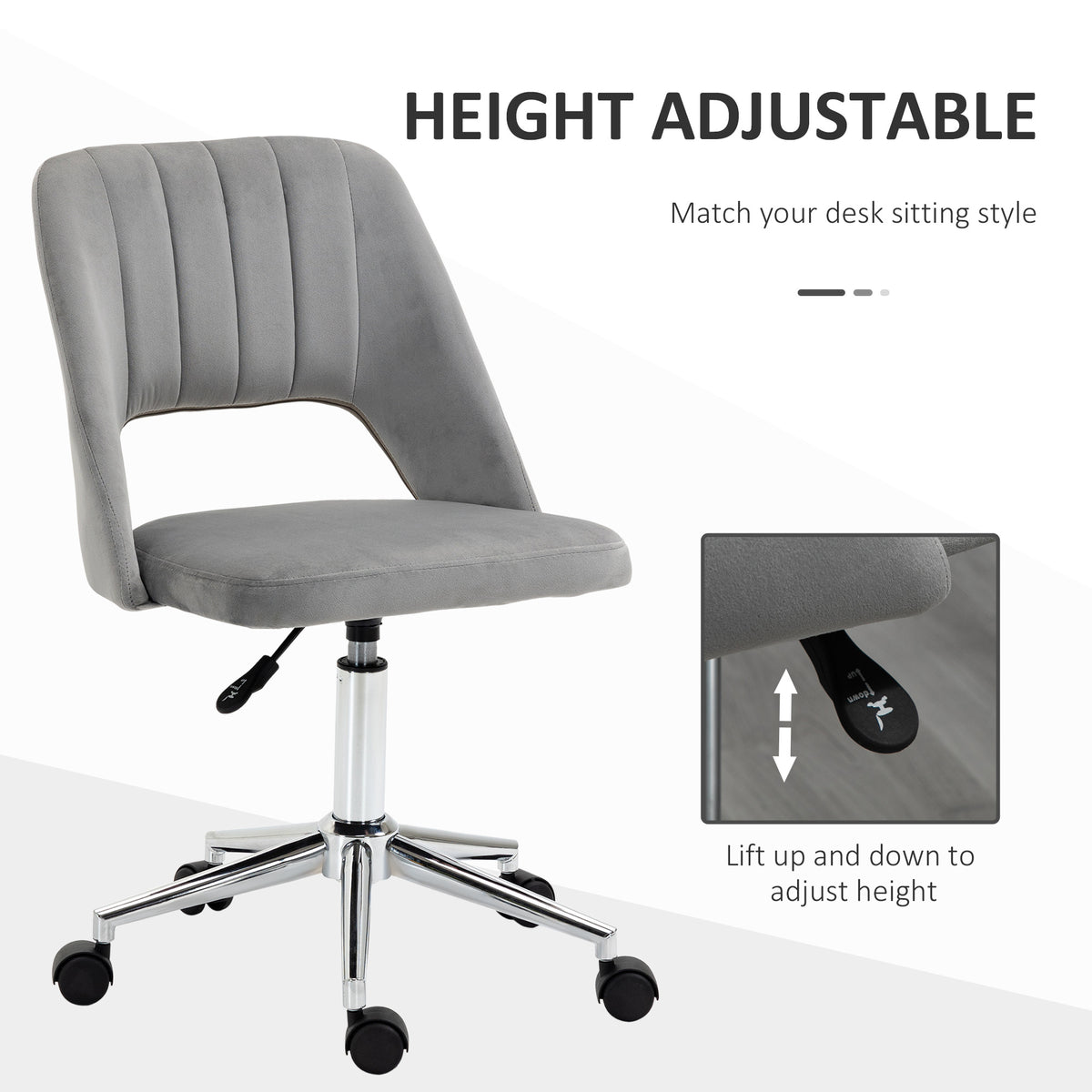 Vinsetto Modern Mid Back Office Chair With Velvet Fabric, Swivel Computer Armless Desk Chair With Hollow Back Design For Home Office, Grey Gray Polyester