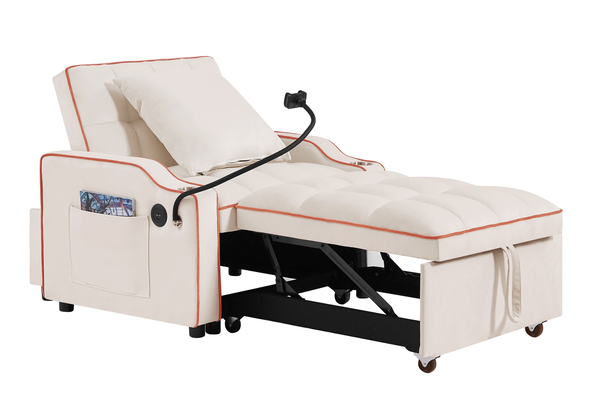 3 In 1 Sofa Bed, Convertible Sleeper Chair Sofa Bed Adjustable Pull Out Sleeper Chair Bed Multi Pockets Folding Sofa Bed For Living Room Bedroom Small Space Beige Velvet 1 Seat