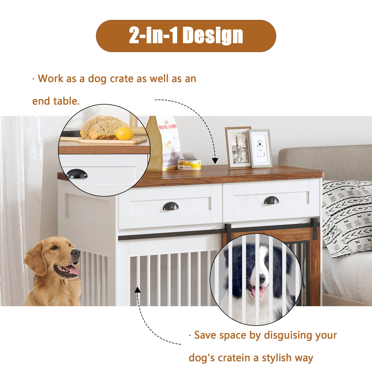 Heavy Duty Furniture Style Dog Cage Wooden Dog Cage Double Door Dog Cage Side Cabinet Dog Cage Dog Crate 44 1 2"W *23"D *33 1 4"H White Walnut Particle Board