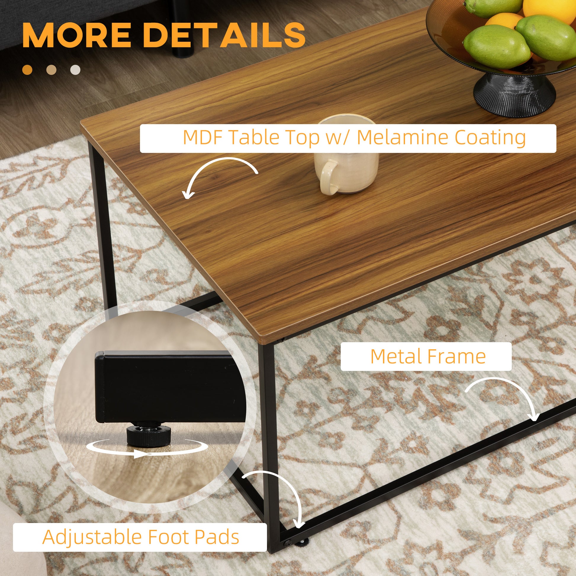 Homcom Nesting Tables Set Of 2, Industrial Coffee Table Set With Metal Frame & Adjustable Foot Pads, Living Room Furniture, Brown Natural Mdf