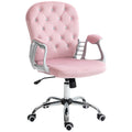 Vinsetto Velvet Home Office Chair, Button Tufted Desk Chair With Padded Armrests, Adjustable Height And Swivel Wheels, Pink Pink Polyester