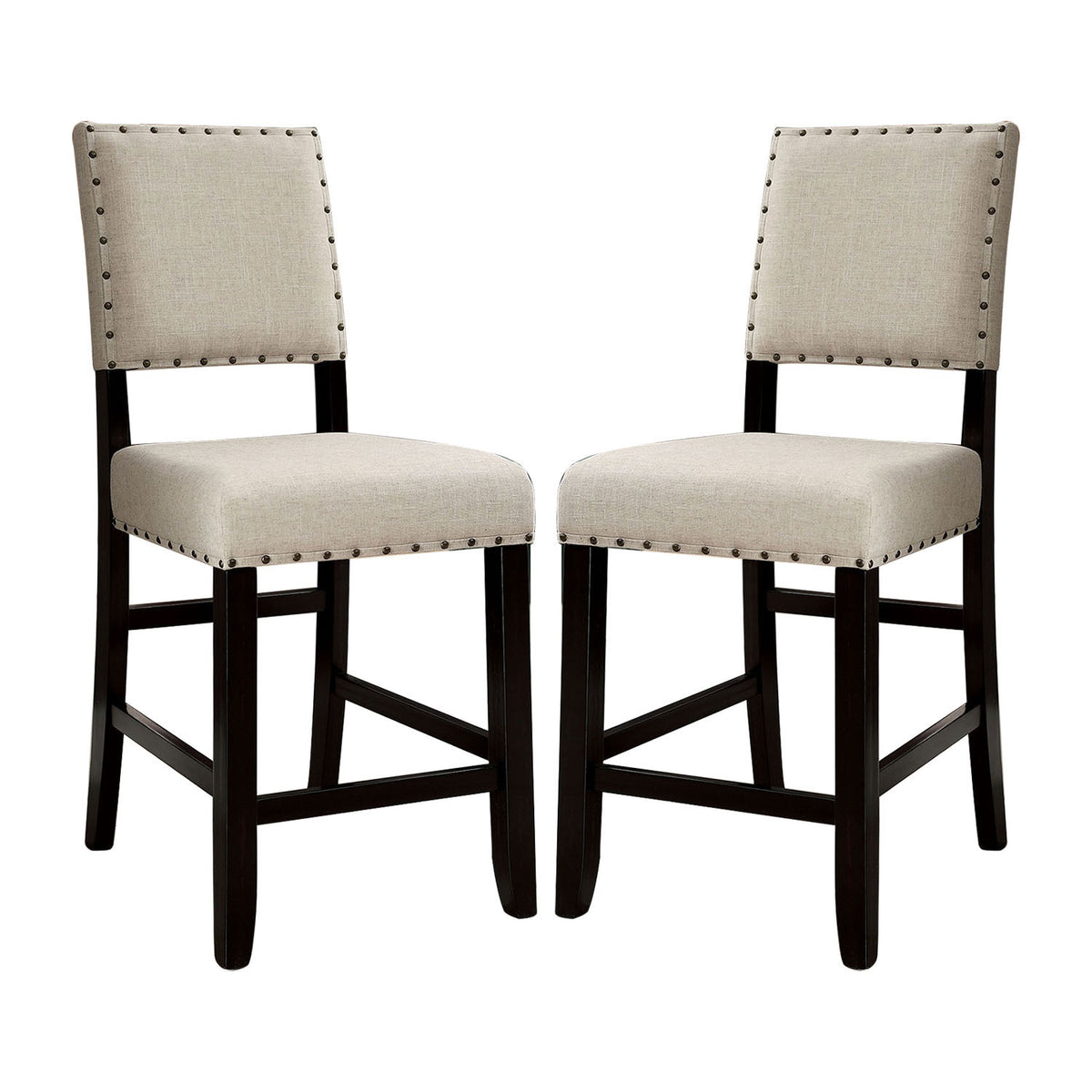 Set Of 2 Counter Height Chairs In Antique Black And Beige Solid Antique Black Dining Room Wood Fabric