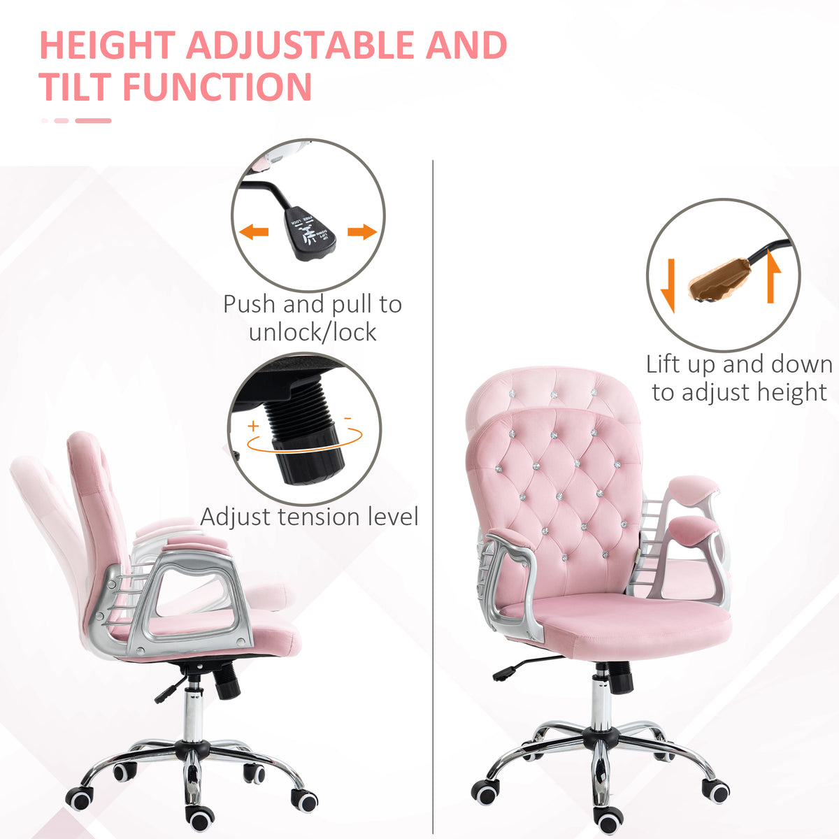 Vinsetto Velvet Home Office Chair, Button Tufted Desk Chair With Padded Armrests, Adjustable Height And Swivel Wheels, Pink Pink Polyester