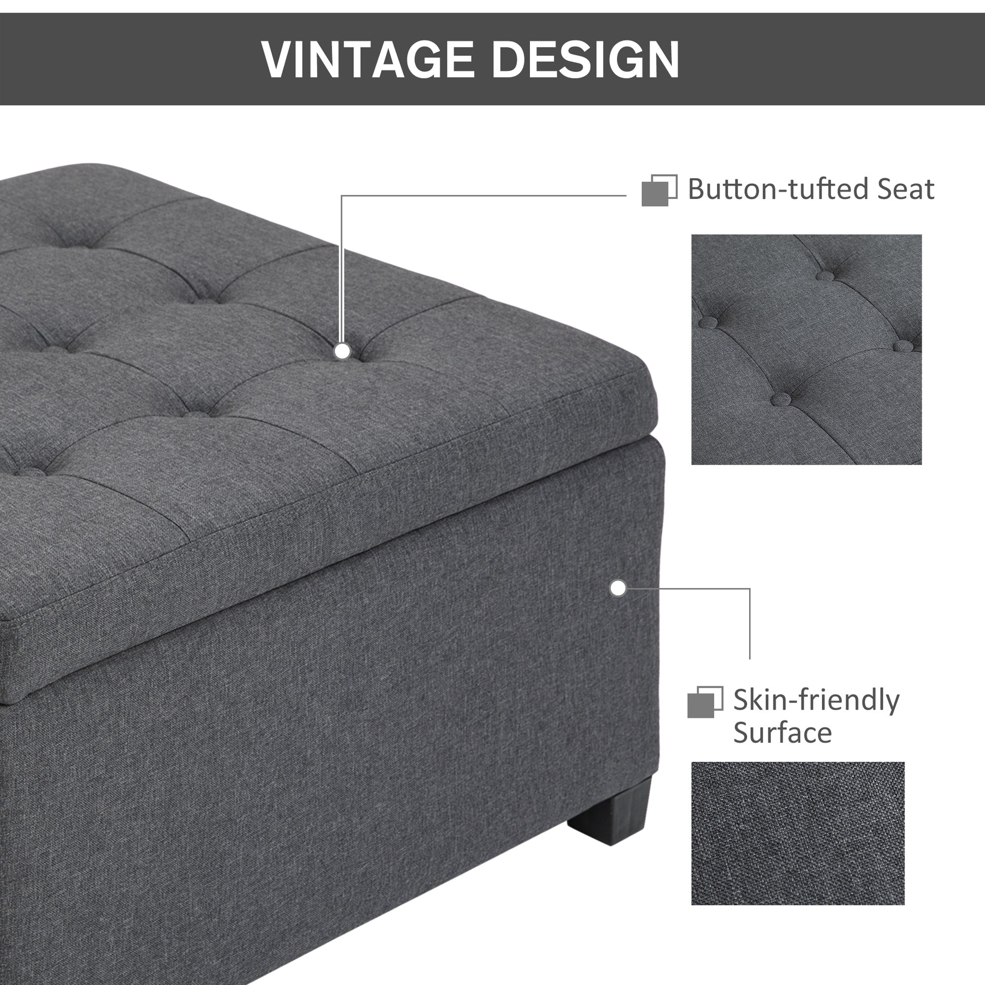 Homcom Fabric Tufted Storage Ottoman With Flip Top Seat Lid, Metal Hinge And Stable Eucalyptus Wood Frame For Living Room, Entryway, Or Bedroom, Grey Gray Plastic