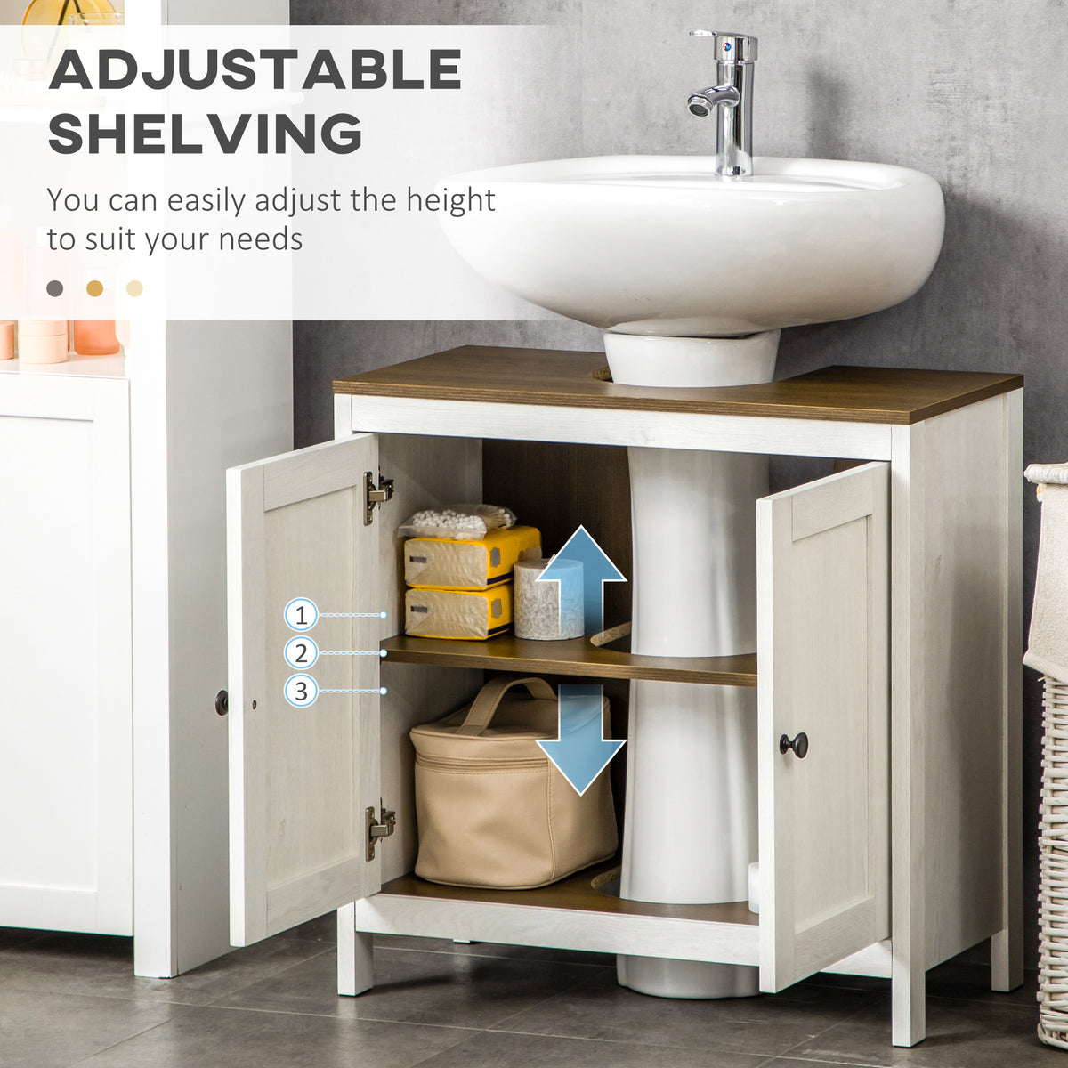 Kleankin Modern Bathroom Sink Cabinet, Floor Standing Under Sink Cabinet, Freestanding Storage Cupboard With Adjustable Shelf, Double Doors, Antique White White Particle Board