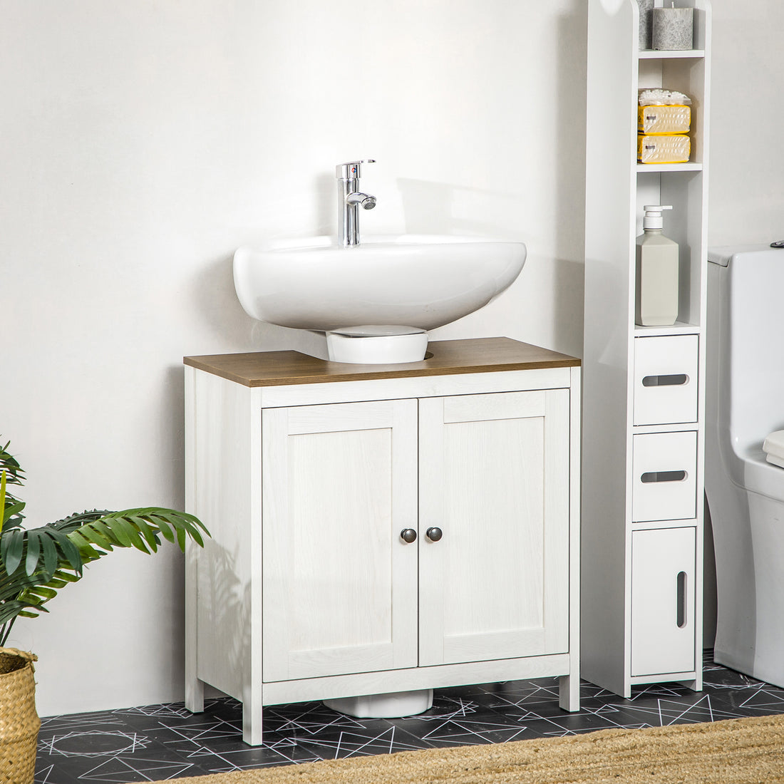 Kleankin Modern Bathroom Sink Cabinet, Floor Standing Under Sink Cabinet, Freestanding Storage Cupboard With Adjustable Shelf, Double Doors, Antique White White Particle Board