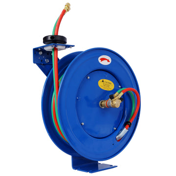 Welding Hose Reel Retractable 1 4 Inch X 50Foot Twin Oxygen Acetylene Rubber Hoses Std Duty Max 200Psi Heavy Duty Industrial Single Arm Construction Blue Steel