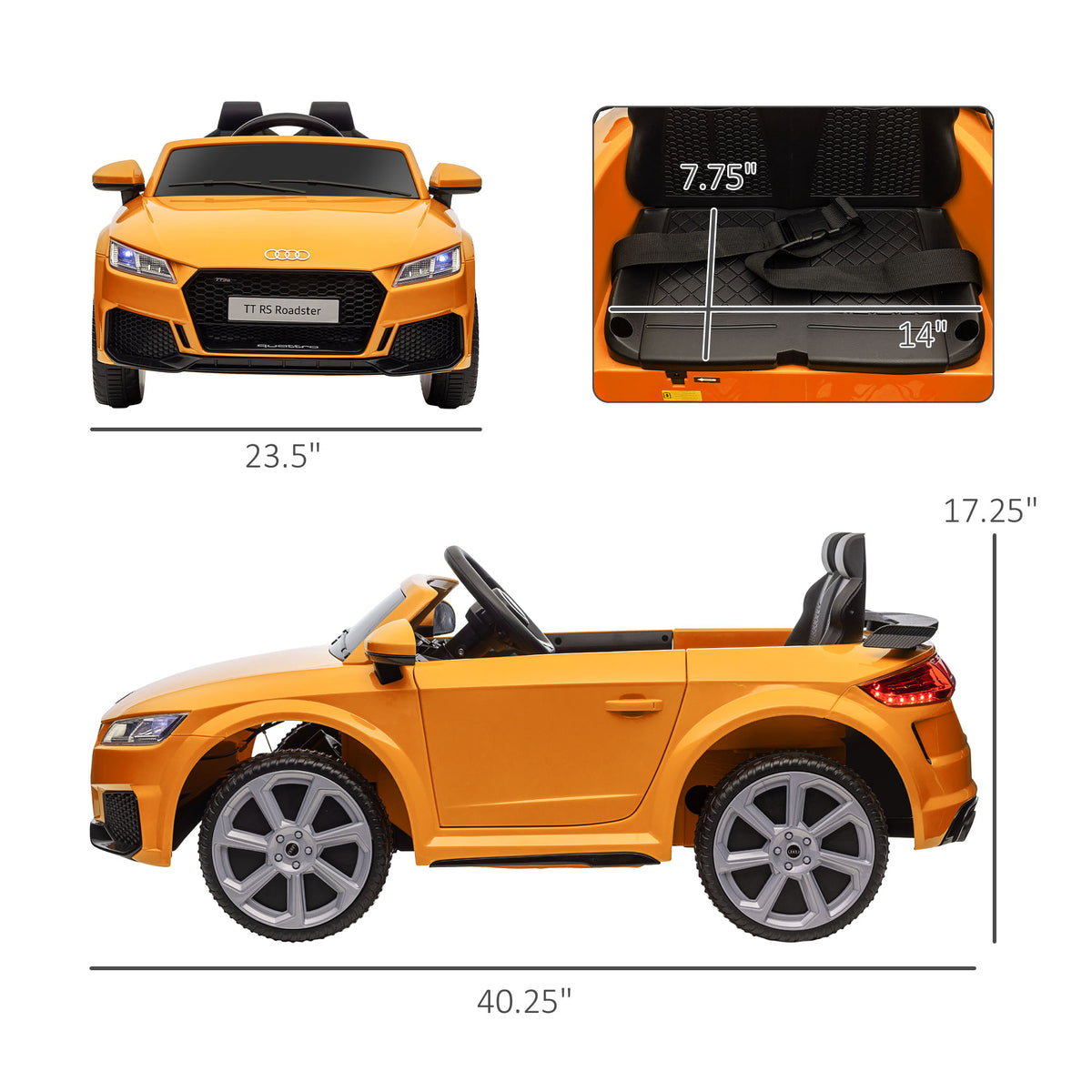 Aosom 6V Kids Electric Ride On Car, Licensed Audi Tt Rs With Suspension System And Remote Control, Horn, 5 Songs, Lights, Mp3 Player Yellow Yellow Steel