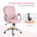 Vinsetto Velvet Home Office Chair, Button Tufted Desk Chair With Padded Armrests, Adjustable Height And Swivel Wheels, Pink Pink Polyester