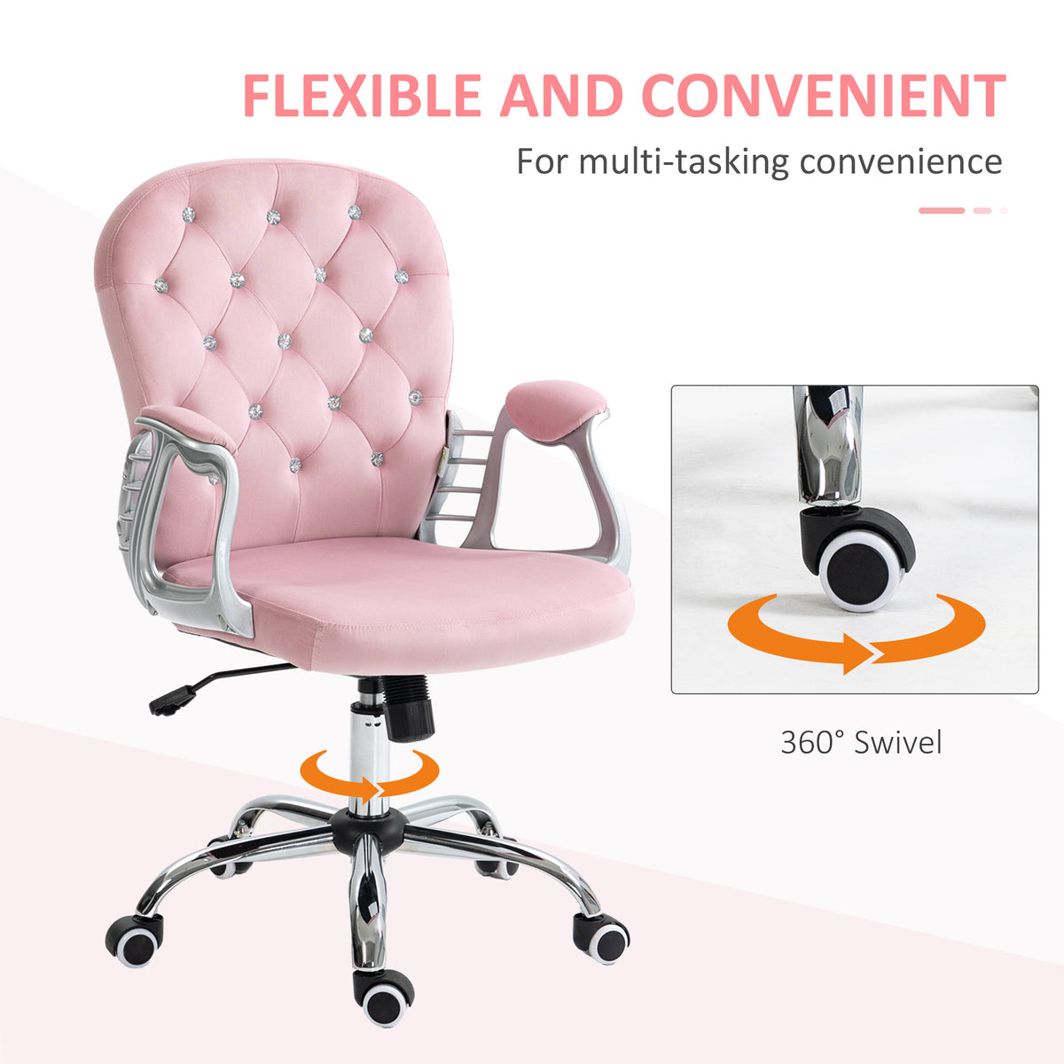 Vinsetto Velvet Home Office Chair, Button Tufted Desk Chair With Padded Armrests, Adjustable Height And Swivel Wheels, Pink Pink Polyester