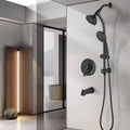 Drill Free Stainless Steel Slide Bar Combo Rain Showerhead 7 Setting Hand, Dual Shower Head Spa System With Tup Spout Rough In Valve Included Matte Black Abs