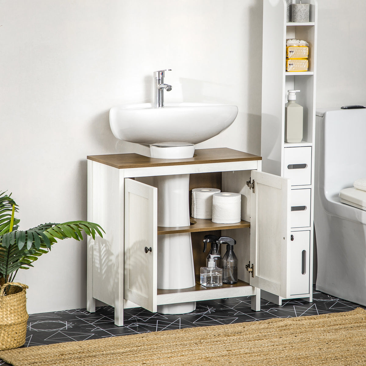 Kleankin Modern Bathroom Sink Cabinet, Floor Standing Under Sink Cabinet, Freestanding Storage Cupboard With Adjustable Shelf, Double Doors, Antique White White Particle Board